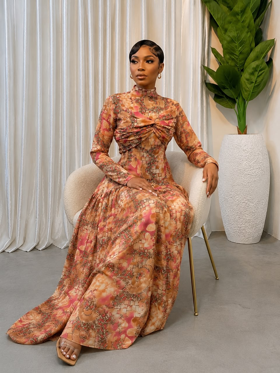 The Turtleneck Twisted Bust Printed Maxi Dress