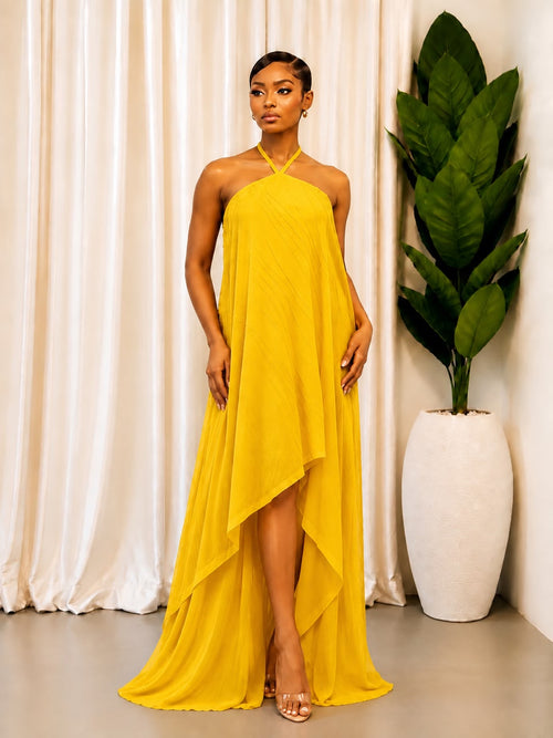 The Asymmetric Pleated Halter Maxi Dress