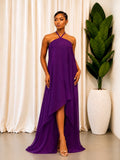 The Asymmetric Pleated Halter Maxi Dress