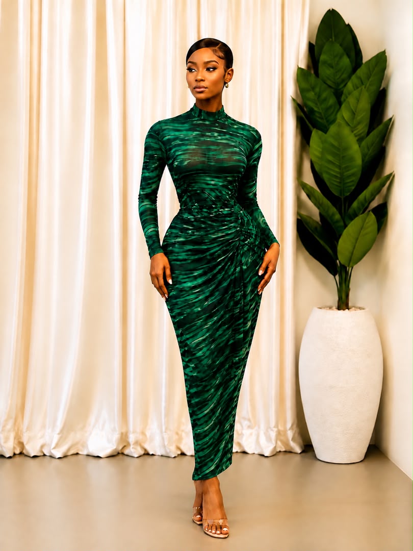 The Emerald Abstract Ruched Bodycon Midi Dress